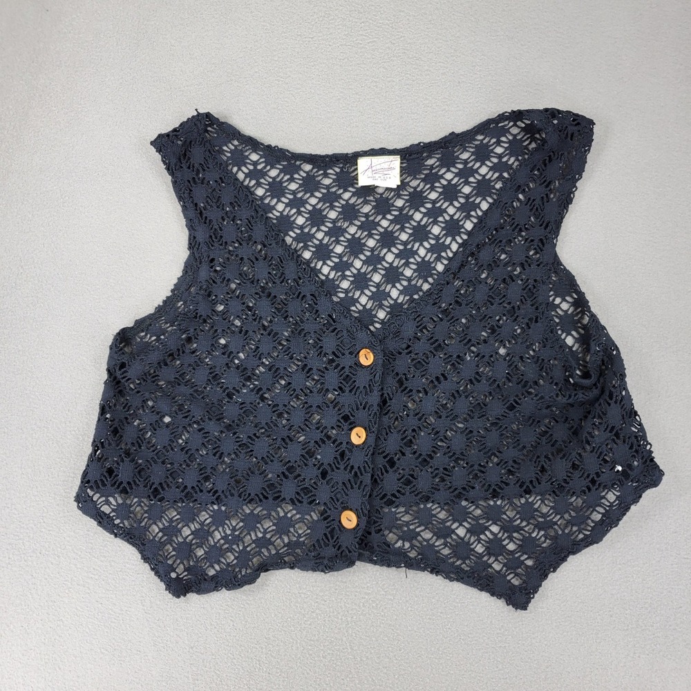 Awesome Wear Crochet Vest Womens M Black VTG Y2K 90s Boho Cropped Open Knit USA